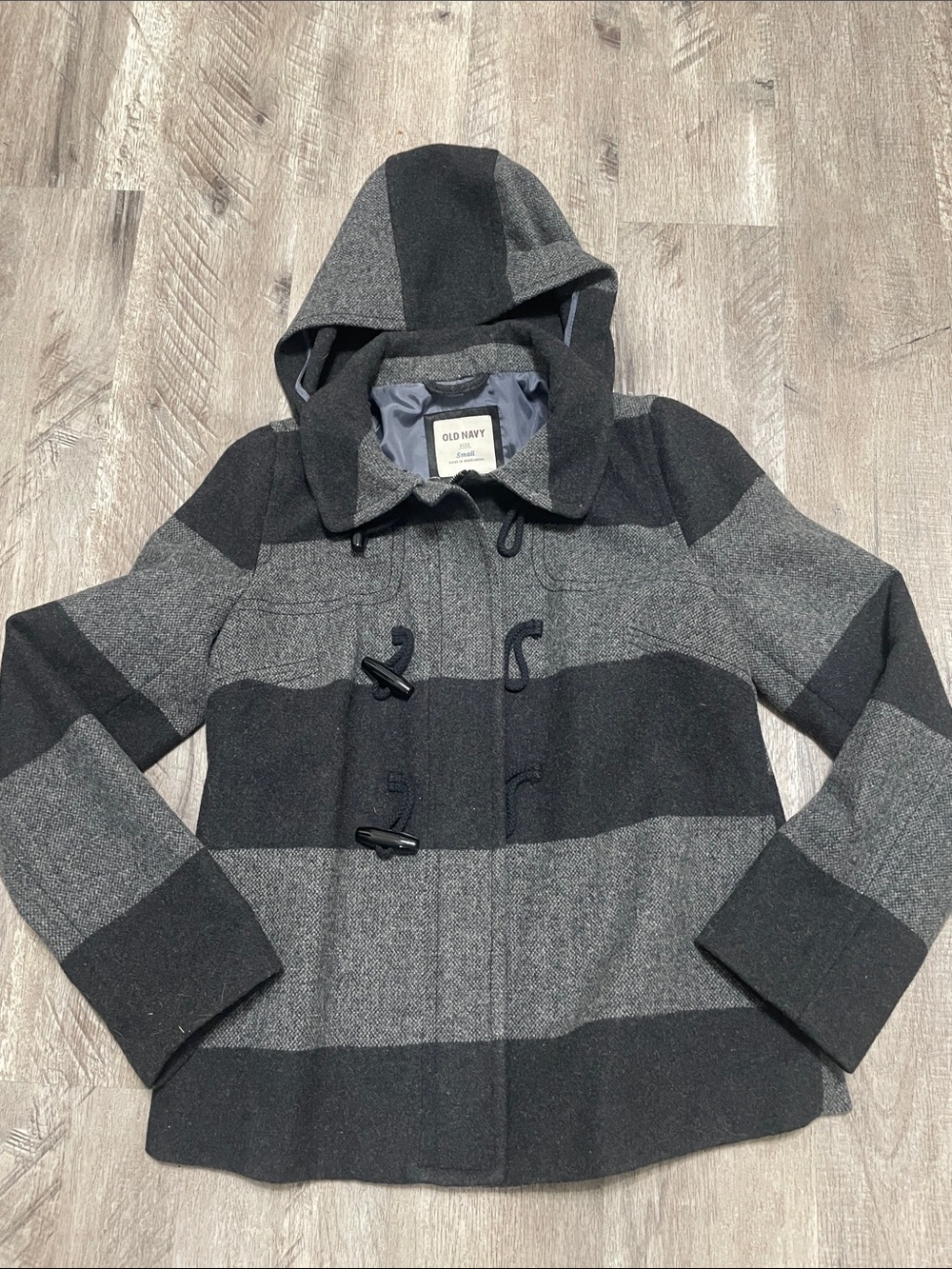 Old Navy Men's Hooded Pea Coat in Black and Gray Stripes